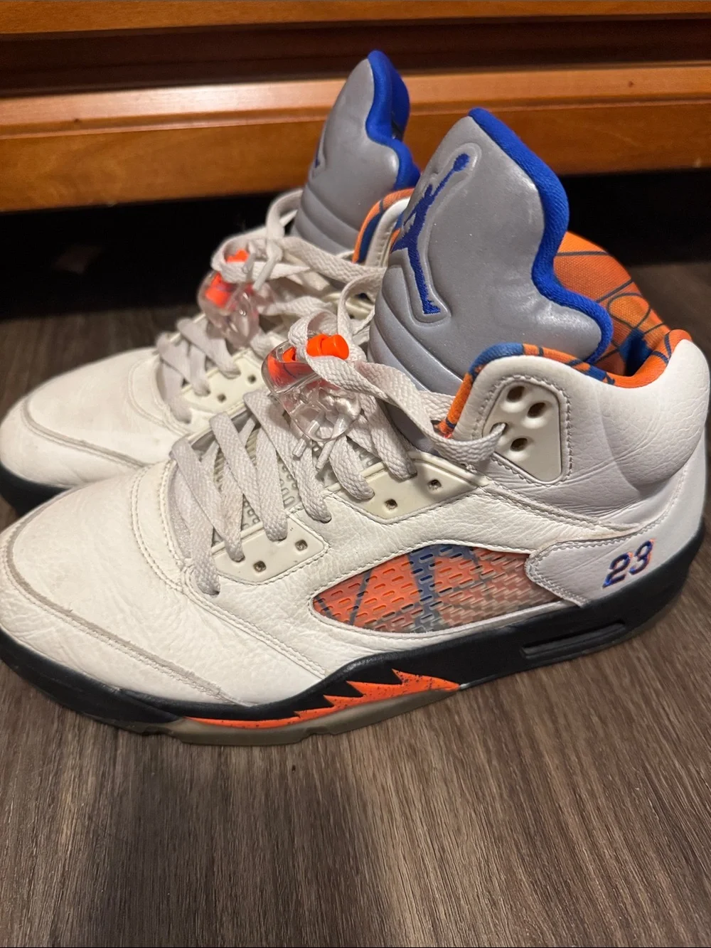 Jordan Retro High-Top Sneakers in White, Blue & Orange
